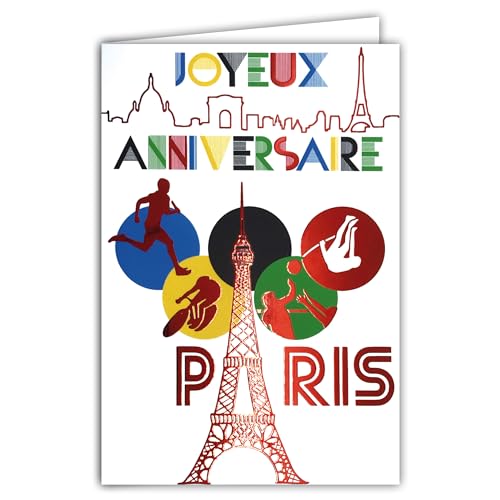 AFIE 65-1421 Karte Happy Birthday Paris Eiffelturm in glänzendem Rot, mit Umschlag, 12 x 17,5 cm, Rennen Relais, Stange, Volleyball, JO Erstellung, Druckausgabe, hergestellt in Frankreich von Afie