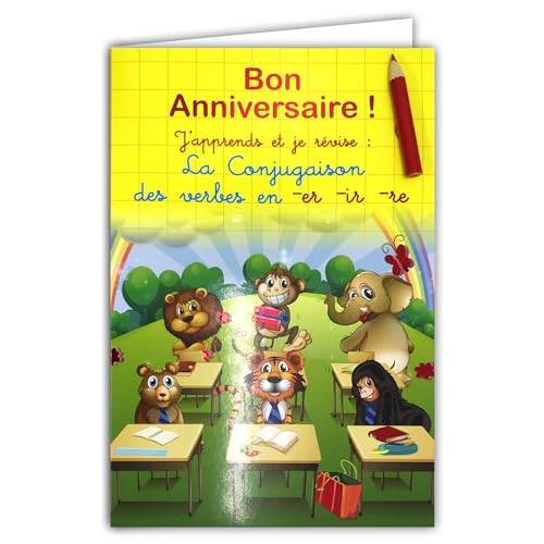AFIE 67-1103-B Lernkarte Bon Birthday mit Bleistift in zufälliger Farbe und gelbem Umschlag. Ich lerne und überarbeite die Konjugationen der Verben sprechen, Ende verlieren, für Kinder CE1 CE2 6 7 8 von Afie
