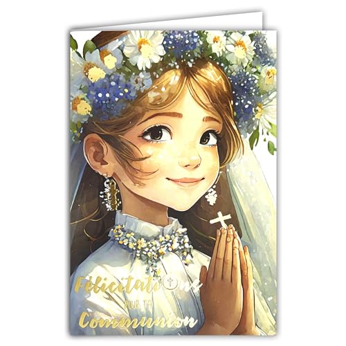AFIE 68-6004 Glückwunschkarte für die Kommunion, goldfarben, glänzend, mit Umschlag, 12 x 17,5 cm, für christliche katholische Mädchen in der Dämmerung in weißer Kasel und Blumenkranz, hergestellt in von Afie