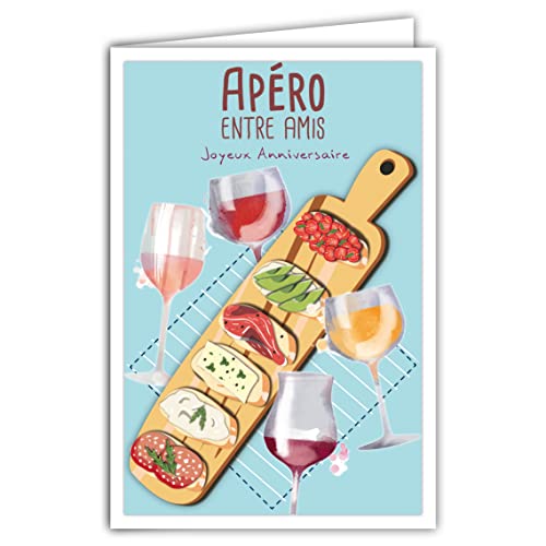 AFIE 69-4307 Glückwunschkarte zum Geburtstag mit Umschlag – Mini-Poster Format 17 x 11,5 cm – Aperitif Picknick Freunde Trinken Weingläser Brett Wurst Käse Bruschetta Toast Retro Vintage von Afie