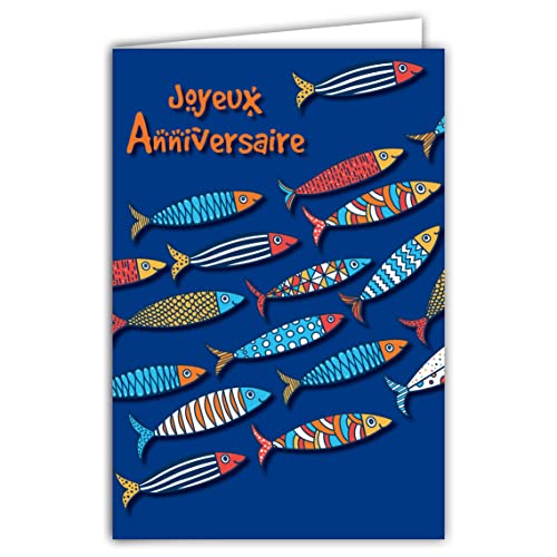 AFIE 69 – 8025 Karte zum Geburtstag, Motiv: bunte Fische, Sardinen, blaues Meer, mit Umschlag, Format 12 x 17,5 cm, Papier 300 g aus nachhaltigen Wäldern, glänzend, hergestellt in Frankreich von Afie
