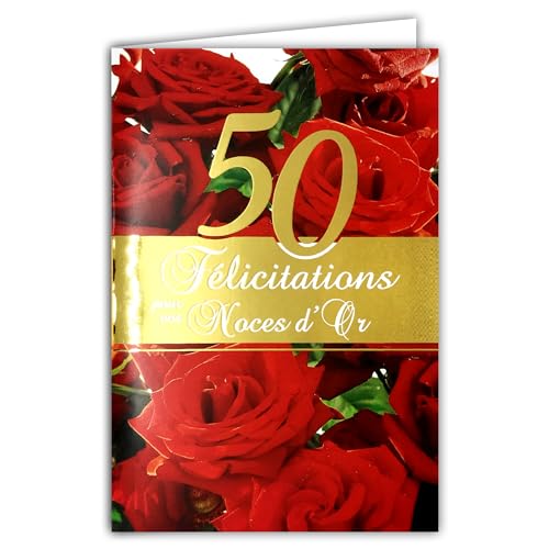 AFIE Glückwunschkarte zur goldenen Hochzeit 50 Jahre Hochzeit, Paar, goldfarben, mit Umschlag, 12 x 17,5 cm, Blumenstrauß aus roten Rosen, Liebe, 63 – 1007 von Afie