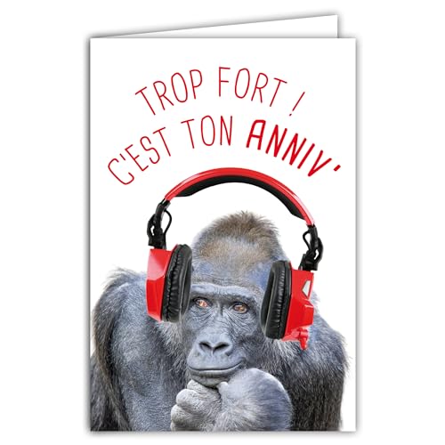 AFIE Humorvolle Happy Birthday Karte mit illustriertem Umschlag 17,5 x 12 cm Affe Gorilla Denker lustig mit Kopfhörern - Kreation Made in France 69-6212 von Afie