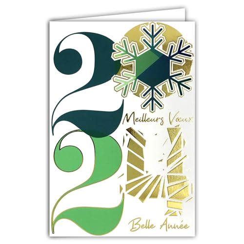 AFIE Karte Frohes Neues Jahr 2024 Beste Wünsche, goldfarben, glänzend, mit weißem Umschlag, Format 12 x 17,5 cm, große Zahlen, 12 Mitternachtsschüsse, Neujahr, hergestellt in Frankreich von Afie