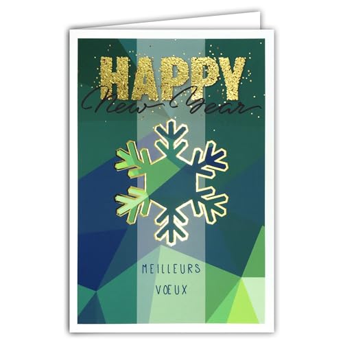 AFIE Karte Happy New Year Beste Wünsche, goldfarben, glänzend, mit weißem Umschlag, Format 12 x 17,5 cm, geometrische Schneeflocke, für ein frohes neues Jahr, hergestellt in Frankreich von Afie