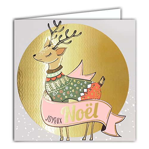 AFIE Quadratische Karte aus Gold glänzend Frohe Weihnachten mit weißem Umschlag Rentiere Mädchen Frauen Feiertage 23027 von Afie