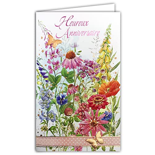 Afie 15-6465 Argus illustrierte Karte mit weißem Umschlag, 12 x 19,5 cm, glücklicher Geburtstag, für Damen, Rosa und Gold, glänzend, Wildblumen, Feld, Schmetterlinge, Punkteband, Prägung, Papier von Afie