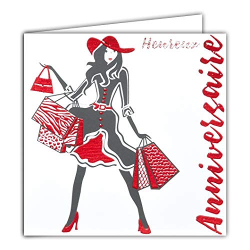 Afie 22031 Karte quadratisch rot glänzend Happy Birthday Damen Fashion Heels Handtasche Shopping Hut von Afie