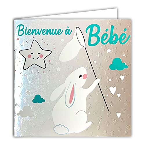 Afie 22112 Karte mit quadratischem Umschlag 15 x 15 cm Willkommen bei Baby Junge oder Mädchen Glückwünsche zur Geburt oder Adoption Himmel glänzend silber strukturiert Kaninchen Design - hergestellt von Afie