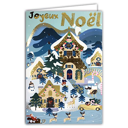 Afie 61-5647 Karte Frohe Weihnachten in Gold glänzend glitzernd Flamboying Schlitten Weihnachtsmann Rentier Schneemann Tannenbäume Weihnachtsfest Weihnachtsfest mit weißem Umschlag von Afie