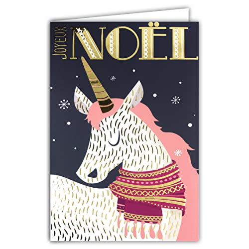 Afie 61-5675 Glückwunschkarte Frohe Weihnachten mit Umschlag und Gold glänzend funkelnd Einhorn Pony Pferd Schal Rosa Horn Mähne Magische Flocken für kleine Mädchen Kinder von Afie
