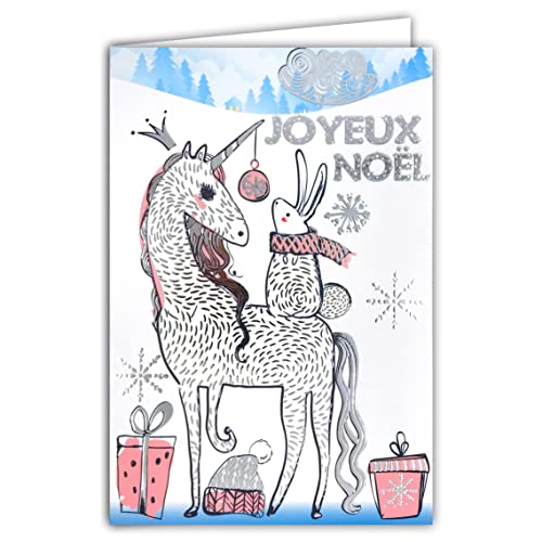 Afie 61-5676 Frohe Weihnachten Karte mit Umschlag und Silber glänzend funkelnd Einhorn Horn Krone Pony Pferd Weiß Schal Rosa Geschenke Flockenmagisch für Mädchen von Afie