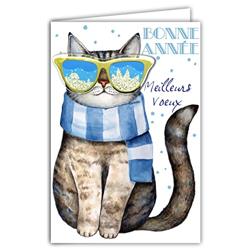 Afie 61-6001 Karte mit Umschlag und Collage in Relax Brille in Gold glänzend, für ein gutes Jahr, mit Aufschrift "Katze im Schnee, gestreift, Landschaft, Blau von Afie