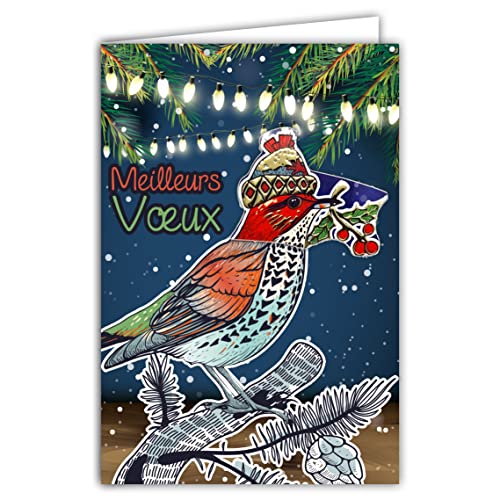 Afie 61-6002 Karte mit Umschlag und Collage in Relax Mütze in Gold glänzend, Wünsche ein gutes Jahr, mit Vögeln im Schnee, Beeren, Stechpalmen, Tannenbaum-Lichterkette von Afie
