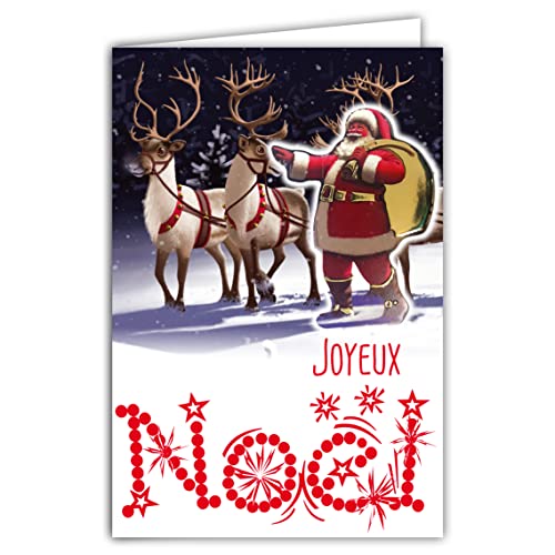 Afie 61-6037 Glückwunschkarte mit Umschlag und Collage EN Relief Weihnachtsmann Dunstabzugshaube Gold glänzend funkelnd Rentiere im Schnee Nacht Geschenk Kostüm rot Mütze Stiefel von Afie