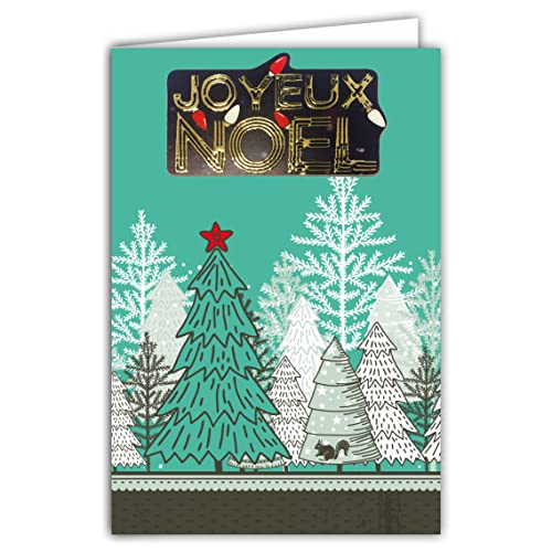 Afie 61-6052 Glückwunschkarte Frohe Weihnachten mit Umschlag und Collage EN RELIEF in Gold glänzend Glitzer Lichterkette Tannenbäume Wassergrün Bäume Wald unter Schnee Eichhörnchen Winter von Afie