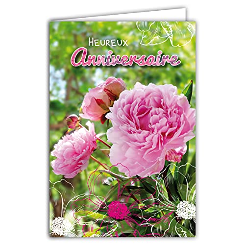 Afie 65-1297 Glückwunschkarte zum Geburtstag, Blumen, Pfingstrosen, Garten, mit weißem Umschlag, Format 12 x 17,5 cm von Afie