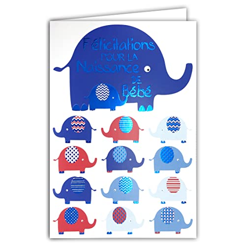 Afie 66-1141 Glückwunschkarte Blau glänzend mit Umschlag Glückwunsch zur Geburt von Baby Jungen Mädchen Mama Papa Eltern Familie Elefant Bad Illustration Glückliche Veranstaltung von Afie