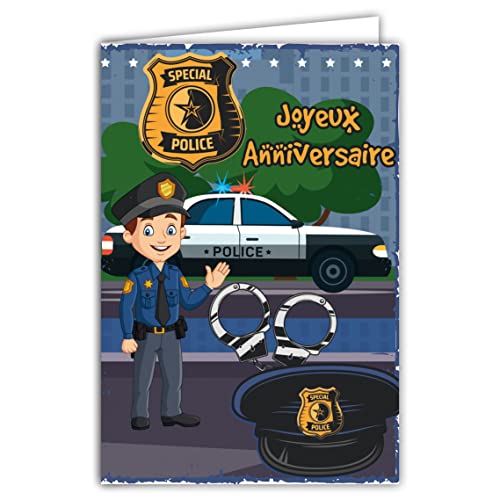 Afie 67-1253 Happy Birthday Karte mit Umschlag für jungen Jungen, der das Universum der Polizei liebt, Gendarmerie Verteidigungskräfte Gerechtigkeit Frieden Auto drehbare Lichter mit Handschellen von Afie