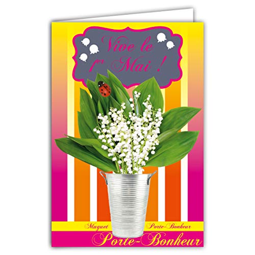 Afie 68-1046-A Karte mit Umschlag Gelb Muguet Glücksbringer mit Marienkäfer aus Holz, handbemalt 1. Mai in Rosa glänzend 13 weiße Glöckchen Blumenstrauß Party Frühling von Afie