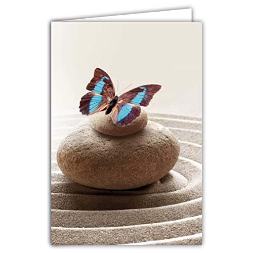 Afie 68-4011 Karte innen weiß mit Umschlag – Schmetterling blau Kieselsteine Garten Zen Meditation Erholung positive Energien Kraft Natur für dich Alles Gute Geburtstag Gute Party Danke Mutt von Afie