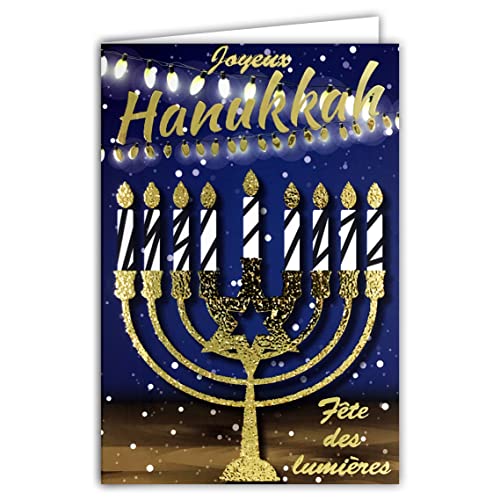 Afie 68-8006 Karte Happy Hanukkah Hanukka Jüdische Party der Lichter Judentum Kerzenständer mit 9 Zweigen Davidstern in Gold glänzend Girlanden Kreisel 4-seitig weiß Format 17,5 x 12 cm von Afie