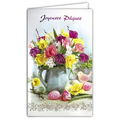 Afie Frohe Ostern Mädchen Damen Blumenstrauß Frühling Tulpe Narzisse Vogel Lieferung mit Umschlag Format 12 x 19,5 cm Papier Ökolabel FSC nachhaltige Forstwirtschaft hergestellt in Europa 12-6015 von Afie