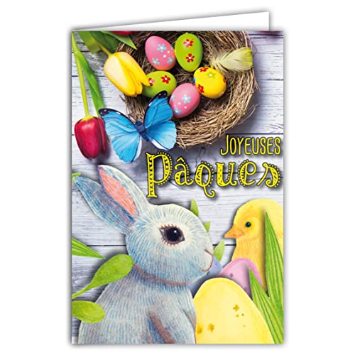 Afie Frohe Ostern Party Frühling Hase Küken Nest Eier bemalt Tulpen Schmetterling Illustration Kinder Jugend mit Umschlag Format 12 x 17,5 cm PEFC Papier 300 g glänzend 62-1021 von Afie