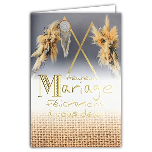 Afie Grußkarte zur Hochzeit 2 in Gold glänzend glitzernd mit Kuvert hergestellt in Frankreich, Bohme Chic Blumen Pampa, Traumfänger, 63-1153 von Afie