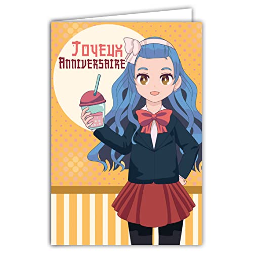 Afie Karte Happy Birthday – Umschlag – Charakter Manga, japanische Superheldin in Uniform – Milchshake Smoothie Eis für Mädchen Jugendliche – hergestellt in Frankreich 67-1238 von Afie