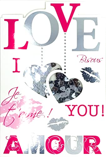 Afie Karte I Love You 2 Herzen Perlen Strass Silber glänzend Küsse Lippen Ich liebe Dich Rose Liebe Schatz Hälfte Gefühle Erklären Seine Flamme Valentinstag 14. Februar mit rotem Umschlag 65-1125-B von Afie