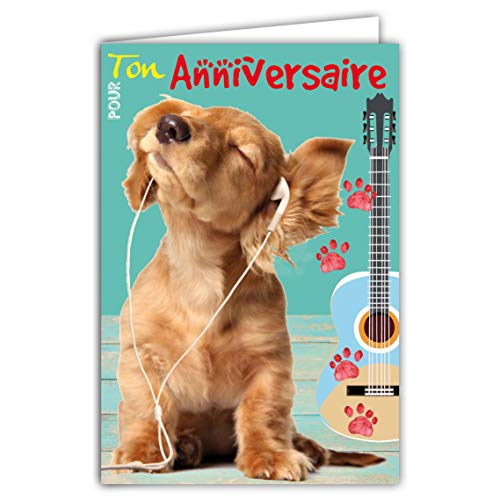 Afie Karte für Ihren Geburtstag Hund Welpen Labrador Retriever Niedliche Kopfhörer Musik Gitarre Pfotenpfoten Hergestellt in Frankreich von Afie