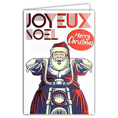 Afie Karte mit Aufschrift „Joyeux Christmas Merry Christmas“, Weihnachtsmann, Mütze, Schnurrbart, Motorrad, Rot glänzend von Afie