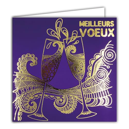 Afie Quadratische Karte, Aufschrift Best Woires, goldfarben, glänzend, auf violettem Hintergrund, mit weißem Umschlag, 15 x 15 cm – 2 Sektflöten Sekt, Sekt, funkelnd, gute Gesundheit, Jahr, Neujahr – von Afie