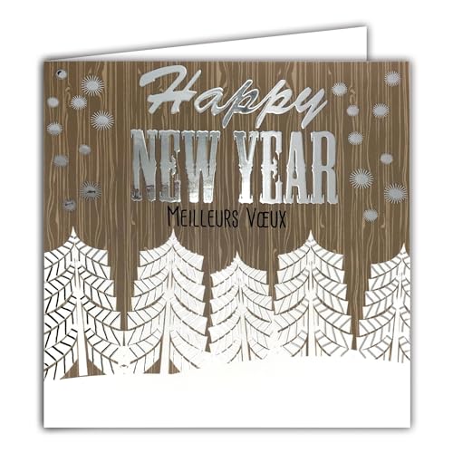 Afie Quadratische Karte Happy New Year Beste Wünsche, silberfarben, glänzend, mit weißem Umschlag, 15 x 15 cm – Weihnachtsbaum aus Holz, Schneeflocken, Winter, hergestellt in Frankreich von Afie