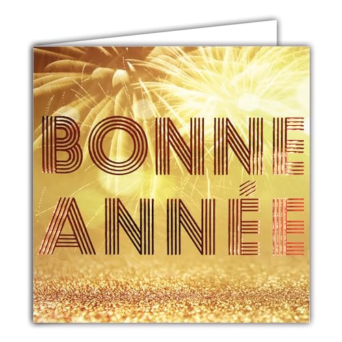 Afie Quadratische Karte Happy Year, Rot, glänzend, beste Wünsche, mit weißem Umschlag, 15 x 15 cm, Feuerwerk, goldfarben, glitzernd, Party, Neujahr, hergestellt in Frankreich von Afie