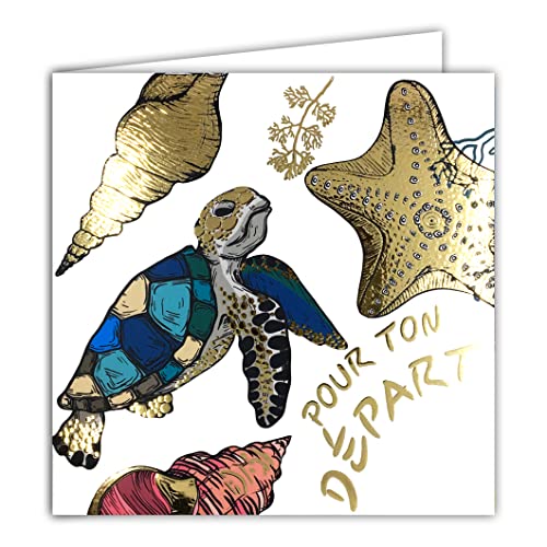 Afie Quadratische Karte mit Umschlag 15 x 15 cm zum Start in Gold glänzende Seestern-Schildkröte in texturierter Relief als Geschenk für Kollegen, Freunde oder im Ruhestand, hergestellt in Frankreich von Afie