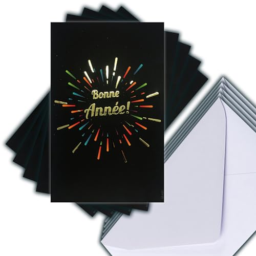 Afie Set mit 5 Karten Happy Year in Gold glänzend + 5 weiße Umschläge, Format 14 x 9 cm, Feuerwerk, schwarze Nacht, Neujahr, Feiertage zum Jahresende von Afie