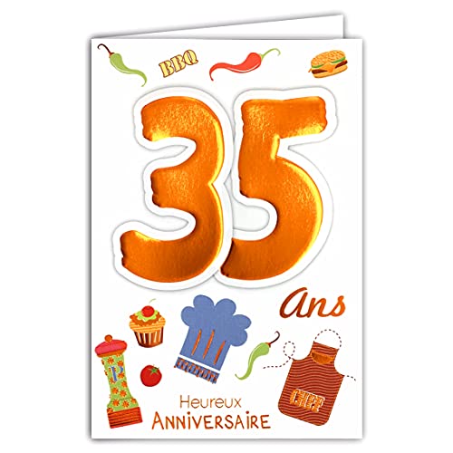 Age MV 69 – 2030 Karte Geburtstag 35 Jahre Herren Damen Motiv Küche CHEF Grill BBQ Hamburger Kuchen Cupcake Backen Kordel blau Kochmütze von Afie