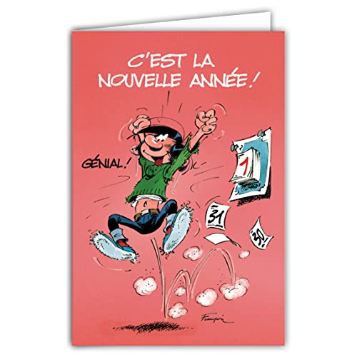 GASTON LAGAFFE Karte Beste Wünsche für das neue Jahr, Kalender 31. Dezember 1. Januar Illustration Lustige Cartoon Humor Belgische BD Franquin Papier PEFC AFIE XGL 002 BA von Afie