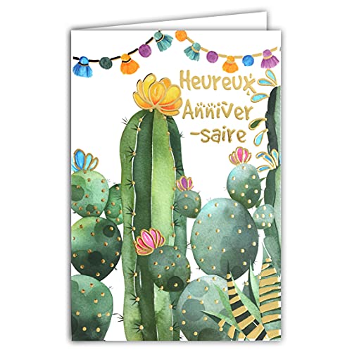 Glückwunschkarte zum Geburtstag, Kaktus, Blumen, Pompons, Schwarz und goldfarben, glänzend, schick, modisch von Afie