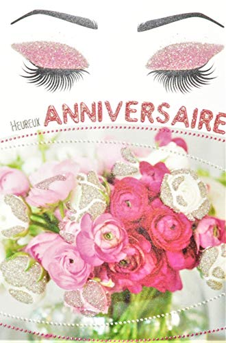 Glückwunschkarte zum Geburtstag mit Pailletten, für Damen, die nach einem Blumenstrauß mit rosa und weißen Blumen, Make-up, hergestellt in Frankreich von Afie