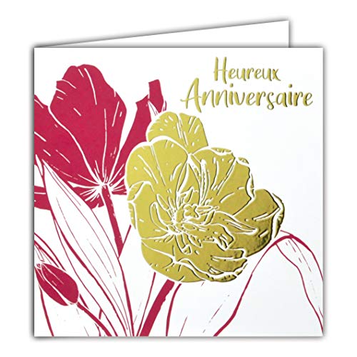 Karte, quadratisch, goldfarben, Glück, Geburtstag, Blumen, Tulpen, Rot, Rosa von Afie