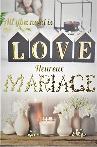 Karte All you need is Love Glückliche Hochzeit Buchstaben Worte mit Goldvergoldung Innendekoration weiße Blumen Vasen grau hergestellt in Frankreich von Afie