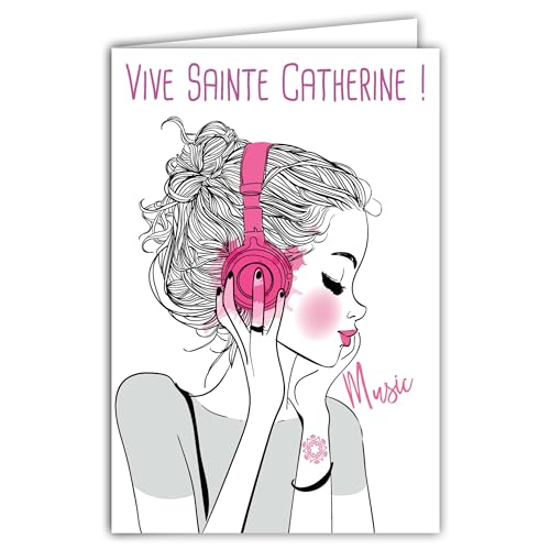 Karte zum Öffnen, Vive Saint Catherine Bonne fête 25. November, für Mädchen, Damen, Catherinette, Musikhörer, Kopfhörer, Rosa, Sängerin, Jugendliche, mit weißem Umschlag, Format 12 x 17,5 cm von Afie