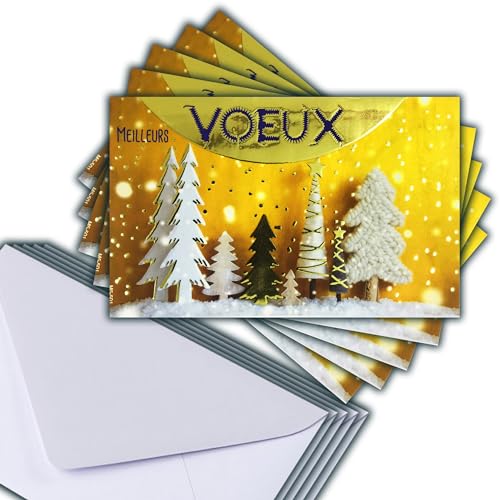 M5-501 Set mit 5 identischen Karten, beste Wünsche in Gold, 13,5 x 8,5 cm + 5 weiße Umschläge 14 x 9 cm – Frohes neues Jahr Wünsche Januar Winter Weihnachtsbaum im Schnee – bedruckt, hergestellt in von Afie