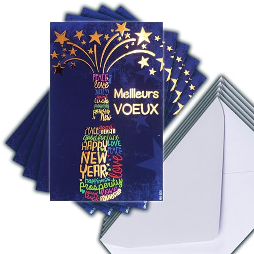 M5-506 Set 5 identische Karten Beste Wünsche in Gold 13,5 x 8,5 cm + 5 weiße Umschläge 14 x 9 cm – Frohes neues Jahr Wünsche Januar Worte in Form einer Flasche Sterne – erstellt, bedruckt, hergestellt von Afie