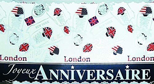 Panorama-Karte „Joyeux Anniversaire“, silberfarben, glänzend, Tennisschuhe, modisch, Flagge Großbritanniens, Blau, Jeansrot, Sterne London U.K. New York U.S.A. von Afie