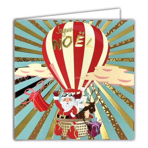 Quadratische Karte, Motiv "Happy Santa", goldfarben, glänzend, mit weißem Umschlag, 15 x 15 cm – Heißluftballon mit Rentier, Lieferung von Geschenken vom Himmel, Kamin 25. Dezember, Feiertage, Ende von Afie