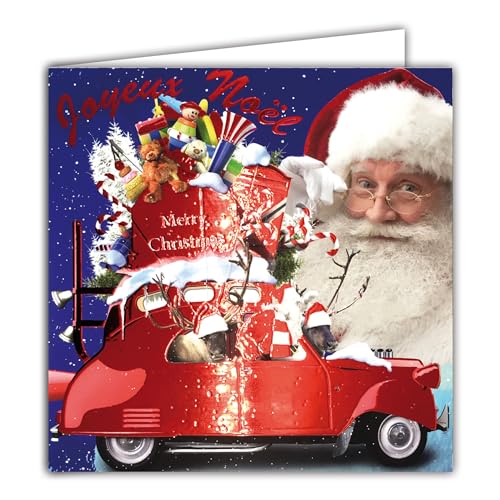 Quadratische Karte, Weihnachtsmann, Rot, glänzend, mit weißem Umschlag, 15 x 15 cm, Auto, Rentiere, Geschenke, Spielzeug, Teddybär, Dunstabzugshaube, 25. Dezember, Feiertage, Ende des Jahres, von Afie